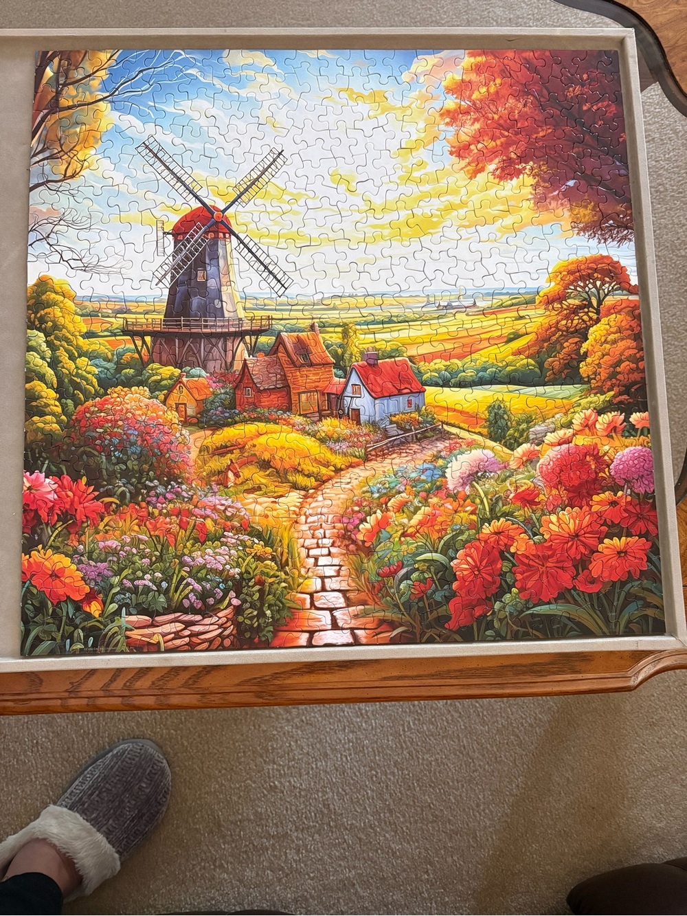 Countryside Windmill Puzzle - Vivid Red & Orange Floral Scene